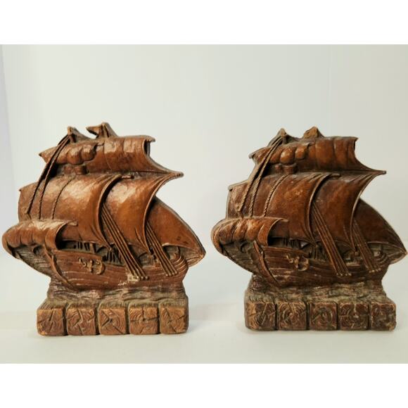 Vintage Nautical Ship Bookends Pair Sailing Galleon Rustic Brown 6" - Picture 1 of 6